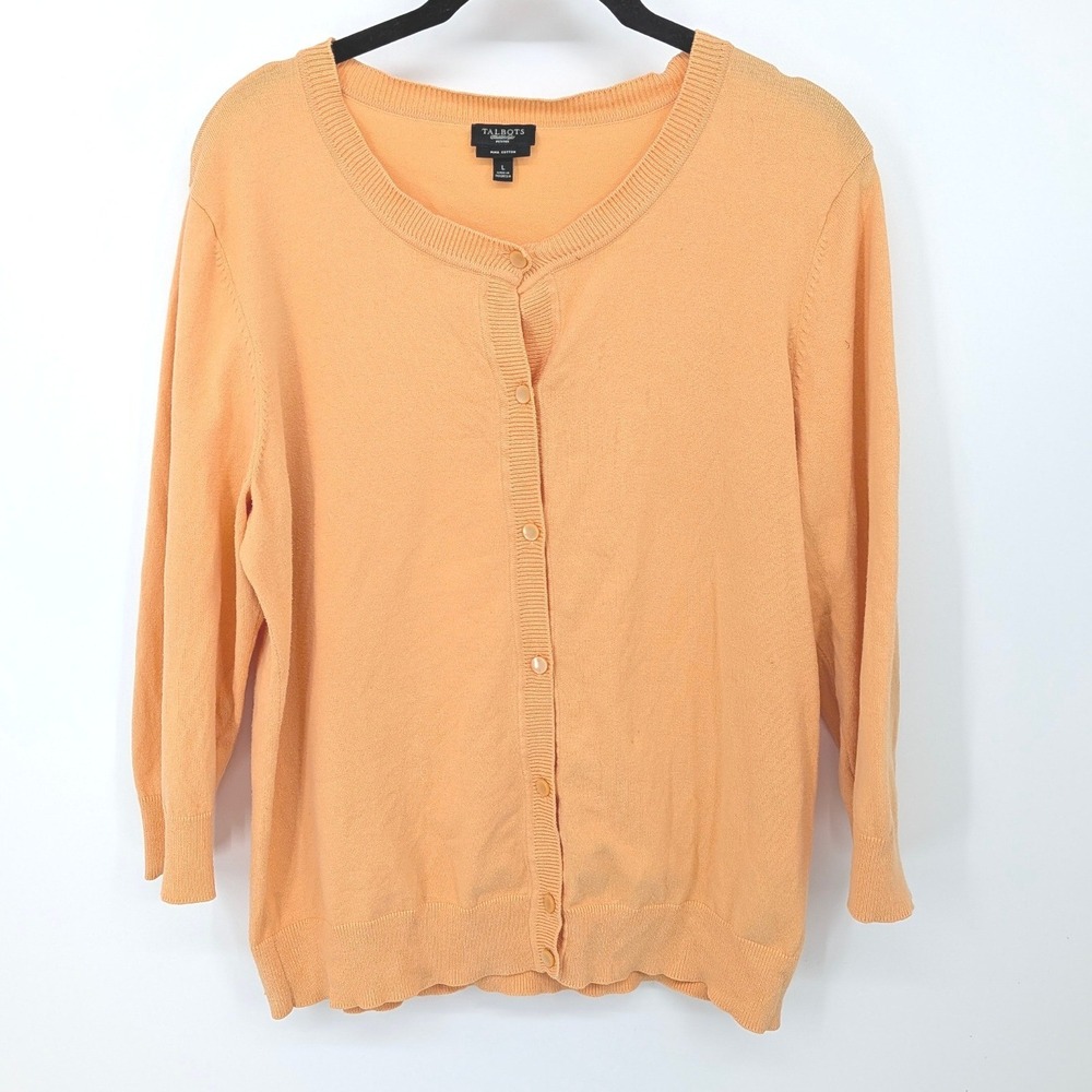 Talbots Cardigan Womens Petite Large Yellow Pima Cotton Button Up Sweater Office
